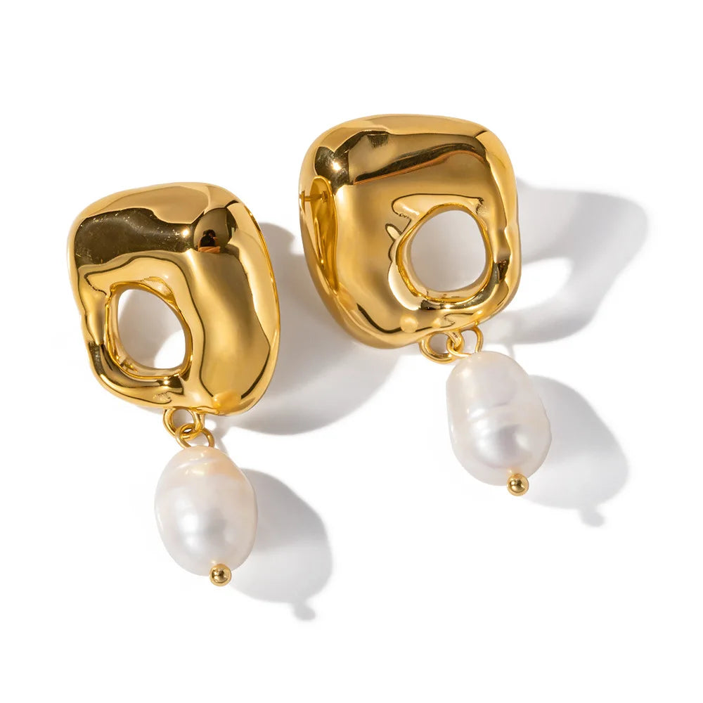 Fashion Jewelry New Arrival Stainless Steel 18K Gold Plated Irregular Fresh Water Pearl Pendant Earrings for Women