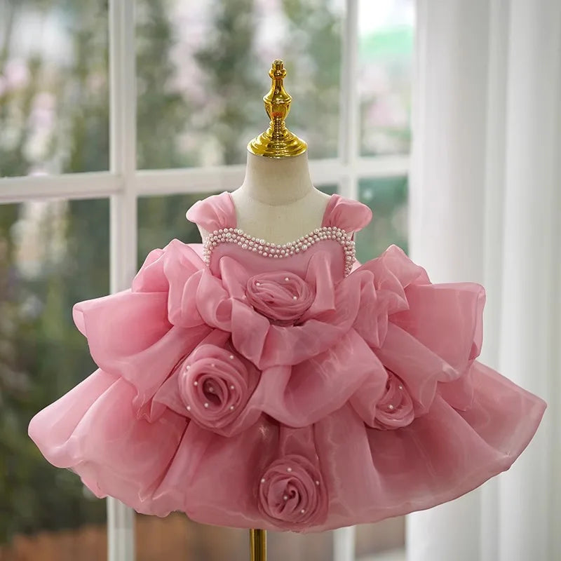 Girl 3D Flower Princess Dress Formal Girl Flower Pearl Birthday Dress Sleeveless Wedding Party Dresses