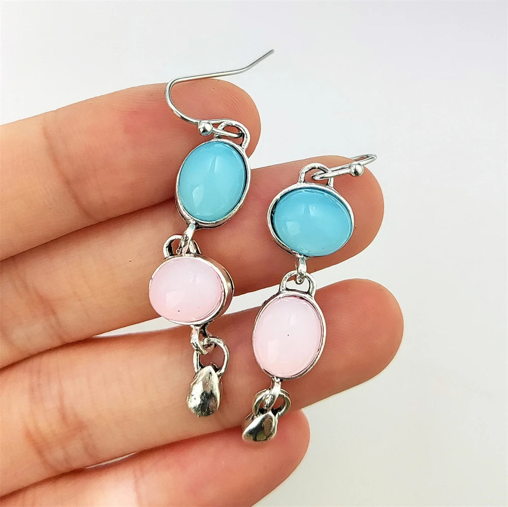 Factory Direct Sale Asymmetric Dangle Earrings Oval Cabs Pink Blue Quartz Silver Plated Hook Earrings Ladies Jewelry for Sale