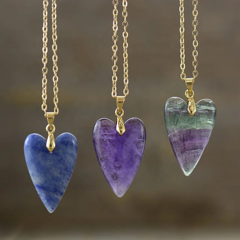 Cute Gold-Plated Heart-Shaped Fluorite Crystal Pendant Necklace Quartz Healing Stone Choker Gifts Anniversaries Short Chain