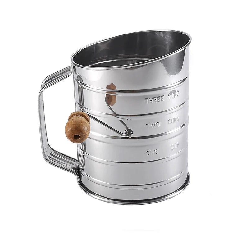 Single-Layer Stainless Steel Mesh Sieve Oblique Mouth Baking Tool with Hand Crank for Home Kitchen Powder Cup Flour