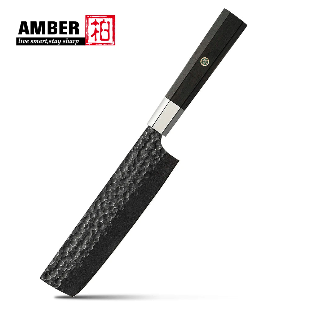 Amber Japanese Style Vegetable Knife Nakiri 440C High Carbon Steel Hammer Pattern Blackening Surface Effortless sharp Knife