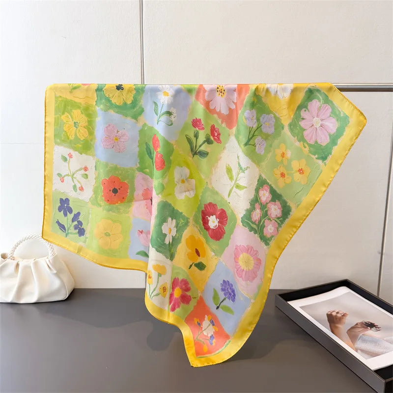 Colorful Flower Printed Small Handkerchief Fashion Office Ladies Tie Neck Scarf Shawl Decorative Polyester Silk Square Scarves