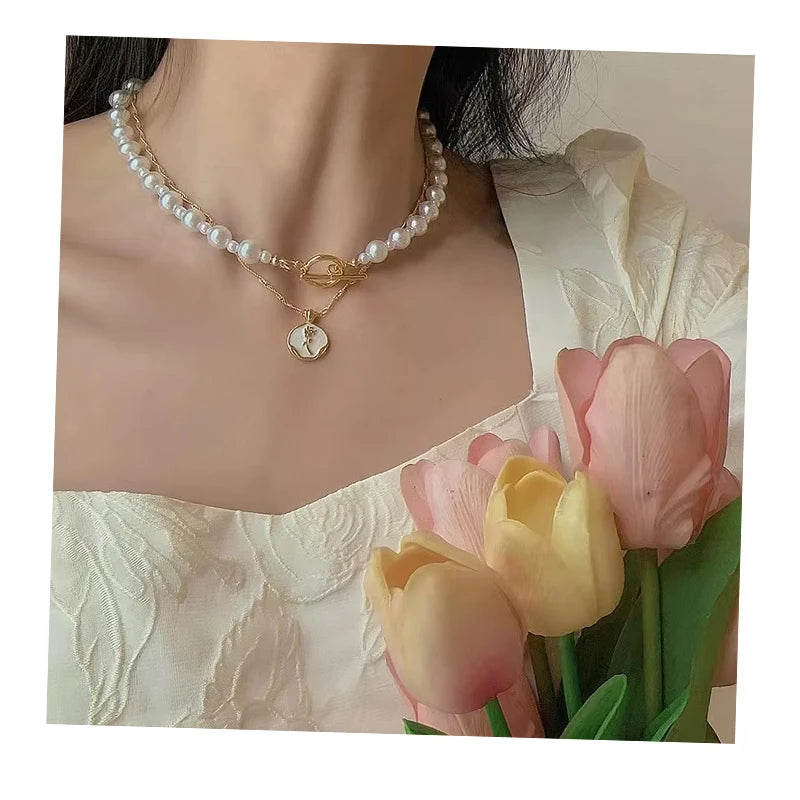 VKME Vintage Style Rose Double Layer Pearl Necklace for Women Jewelry