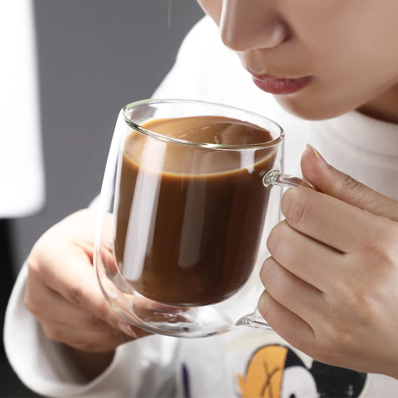 High Borosilicate Double-Layer Glass Coffee Mug Handle Lid 250ml Mouth Blown Handmade Dishwasher Microwave Safe for Home Use