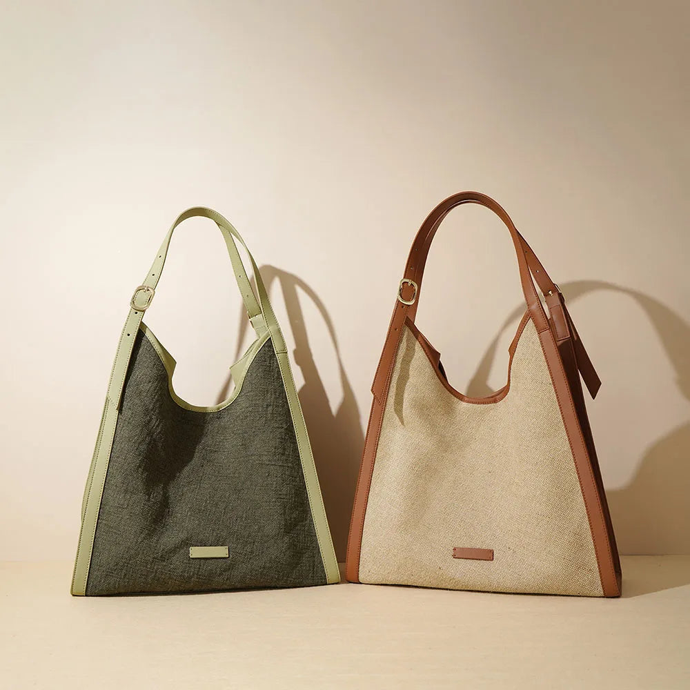 Quiet Luxury Linen & Leather Tote Bag | Minimalist Niche Designer Slouchy Hobo | Large Capacity French Chic Shoulder Bag