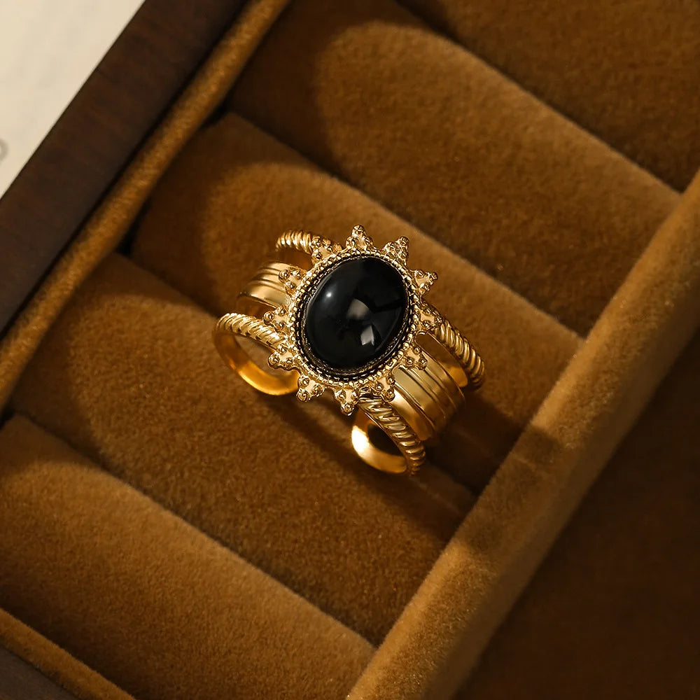 Multi Layer Stainless Steel Ring 18K Gold-plated Obsidian Stone Ring Opening Adjustable Ring for Women