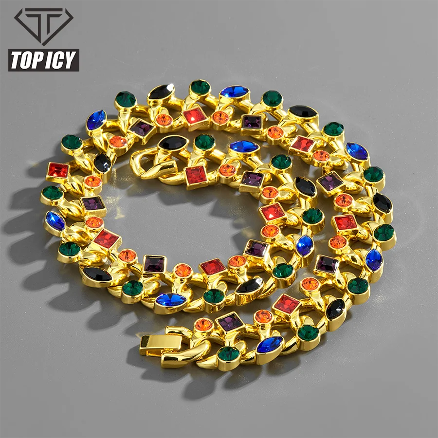 2022 New Alloy Rhinestone Geometric Cuban Chain 22MM Gold Mixed Color Chain Hip Hop Jewelry Necklace