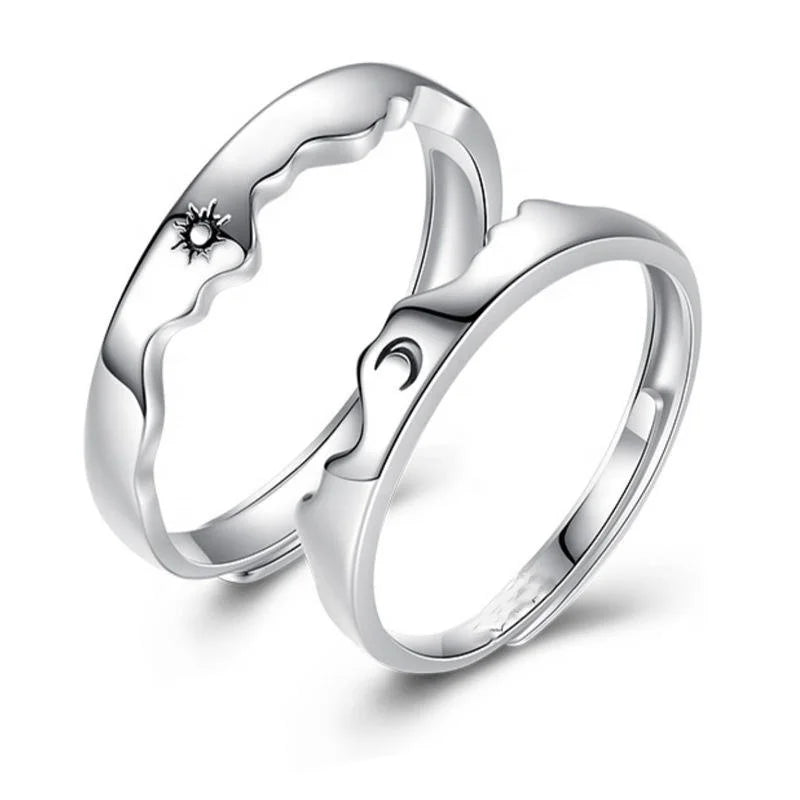 JQ56 925 Sterling Silver Sun Moon Couple Rings Open Adjustable Ring Each Other Lover Couple Friends Gift Wedding Jewelry Rings