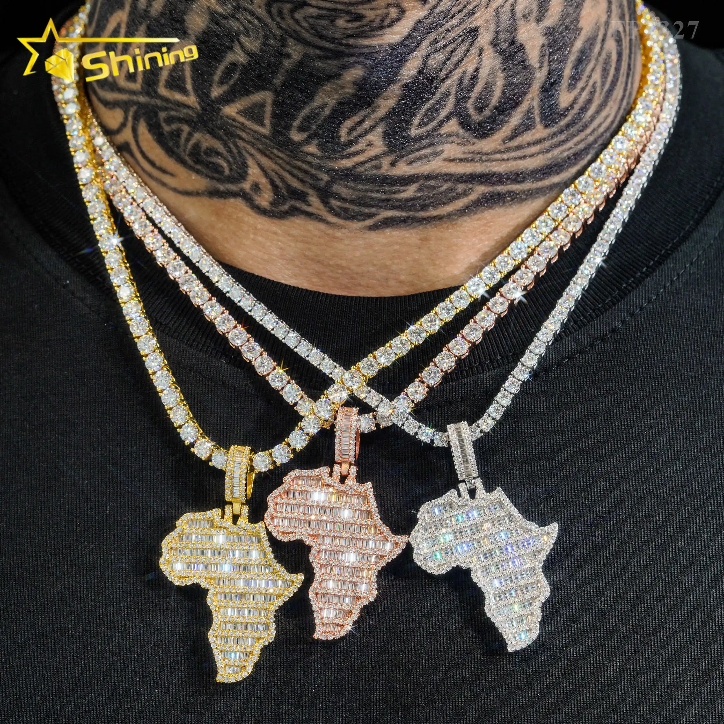 VVS Moissanite Hip Hop Jewelry baguette Diamond Africa Map Pendant 925 Sterling Silver Iced Out Jewelry Custom Made Map Pendants