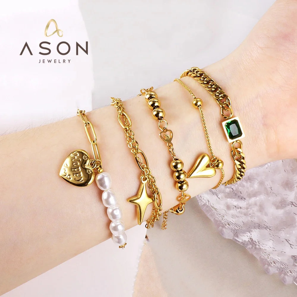 Ason Fashion Jewelry Minimalist Custom Charm Bracelet Stainless Steel 18K Gold Plated Jewellery Valentines Womens Bracelet