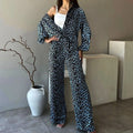Enyami Leopard Casual Shirt Pants Suit Pyjama Women Long Sleeve Pattern Tops and Wide Leg Pants Set