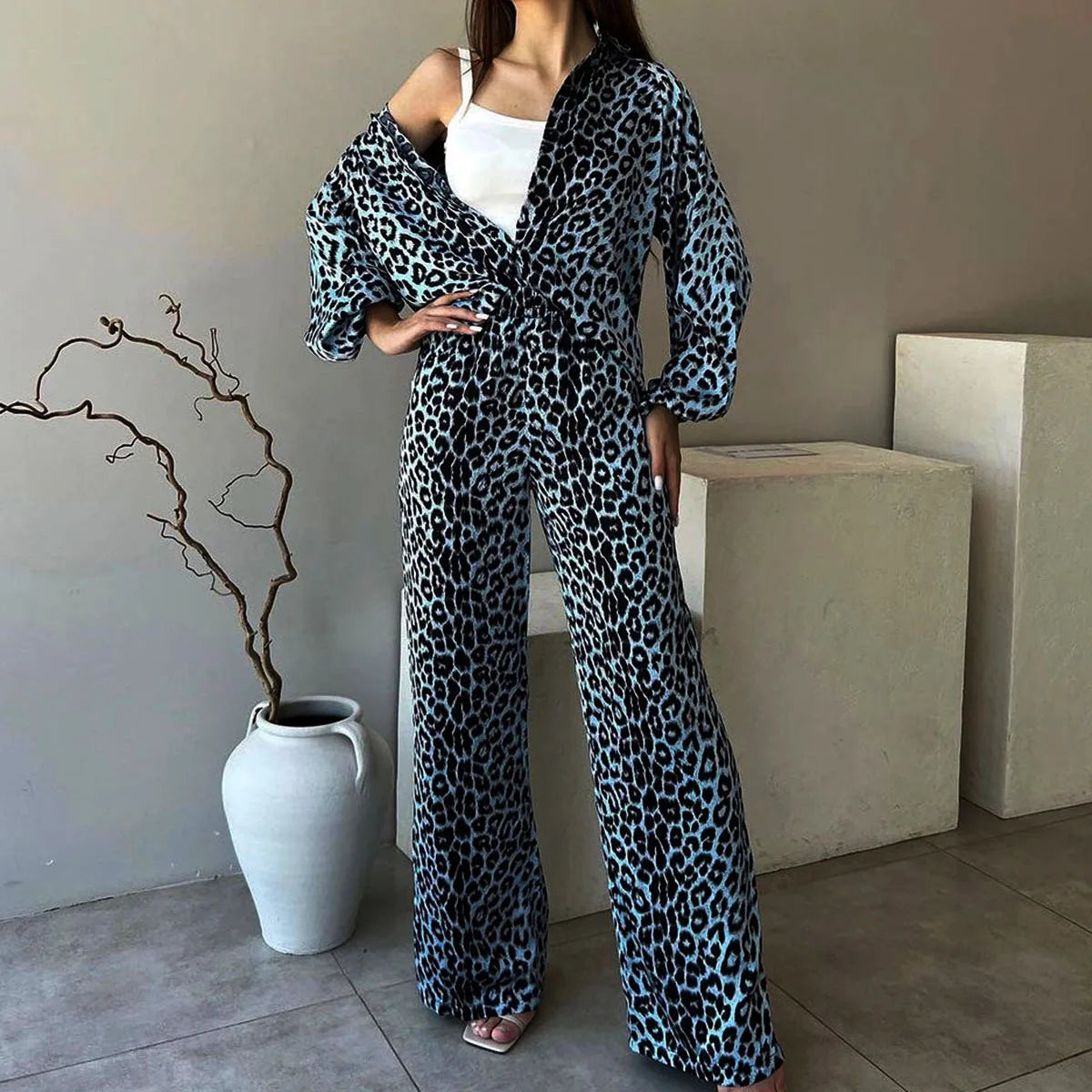 Enyami Leopard Casual Shirt Pants Suit Pyjama Women Long Sleeve Pattern Tops and Wide Leg Pants Set