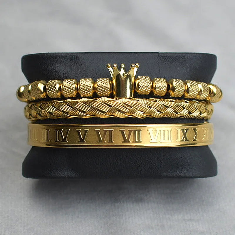 Luxury Roman Alphabet Adjustable Cuff Royal Crown Hip Hop Stainless Steel Twist Braided Bracelet Homme Men
