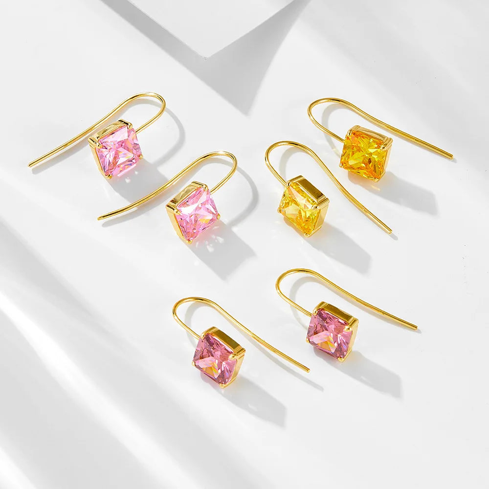 Retro Square Colorful Zircon 14K Gold Ear Hook Jewelry 925 Sterling Silver Drop Earrings Women