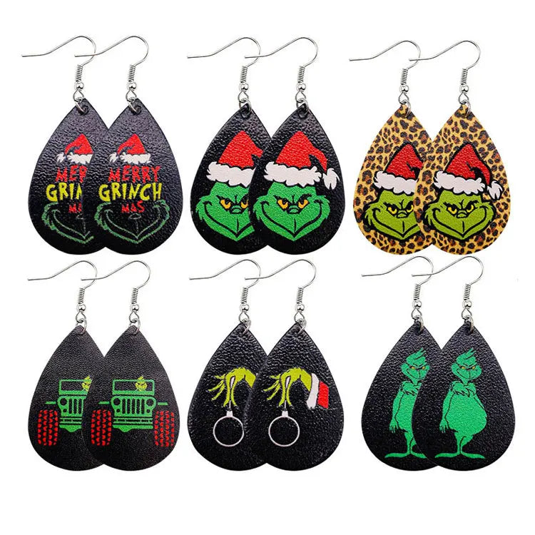 SC Wholesale Grinch Christmas Earrings Waterdrop PU Leather Earrings New Fashion Print Leopard Green Monster Grinch Earrings