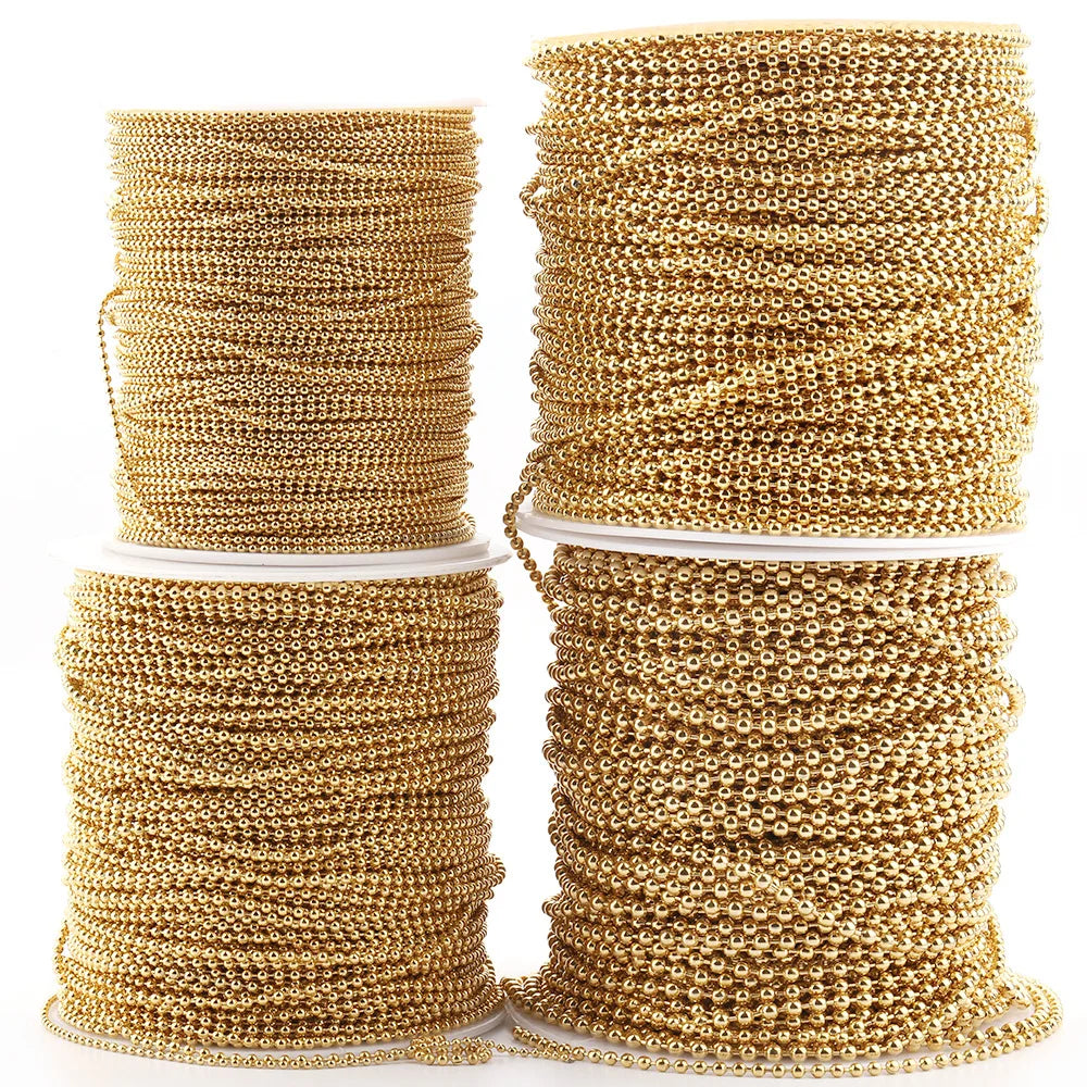 Factory Direct Sale DIY 304 Stainless Steel 18K PVD Gold Plated Anti-Tarnish Bead Chain Roll for Jewelry Making Material