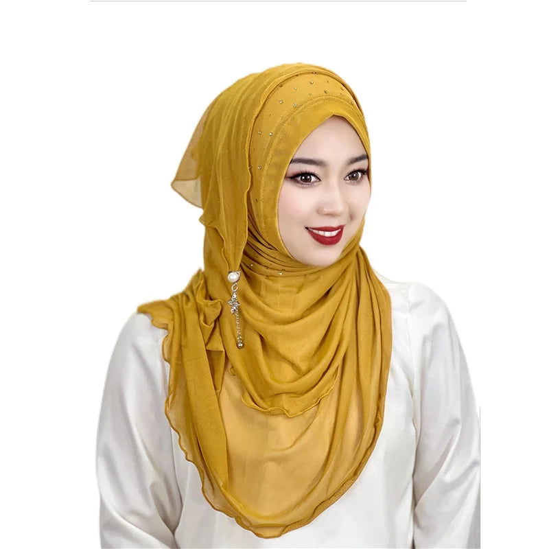 Hot Drilling Diamonds Printed Inner Foulard Kimono Girls Islamic Abaya and Hijab Modern Turquie Box Set