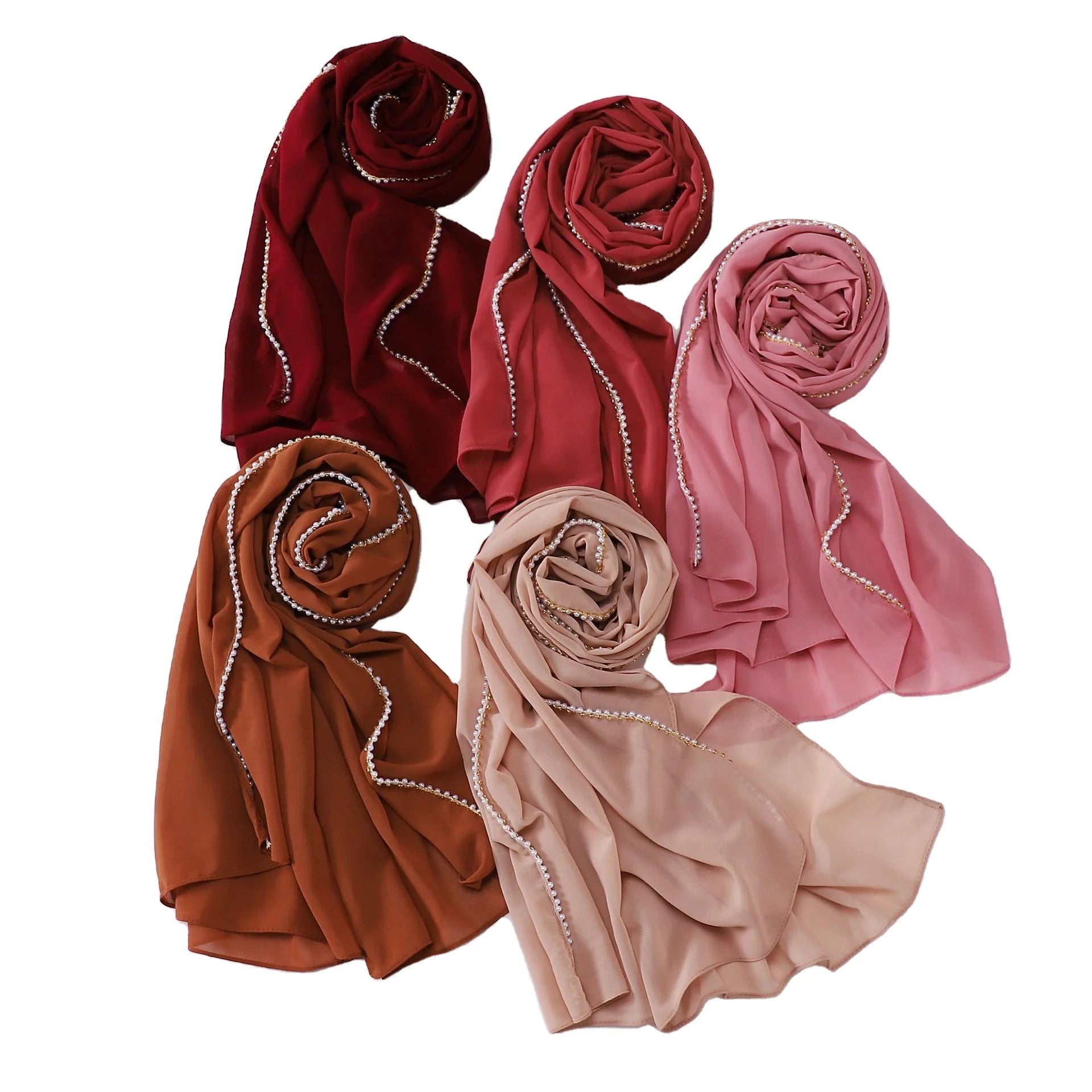 Latest Muslim Women's Double Beaded Chiffon Long Scarf Shawl Fashion Hijab with Pearls for Spring from Malaysia and Dubai