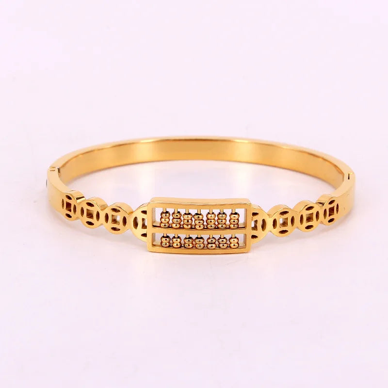 Wholesale Fashion Stainless Steel 18k Gold Plated Chinese Abacus Charm Bracelet Bangle for Women
