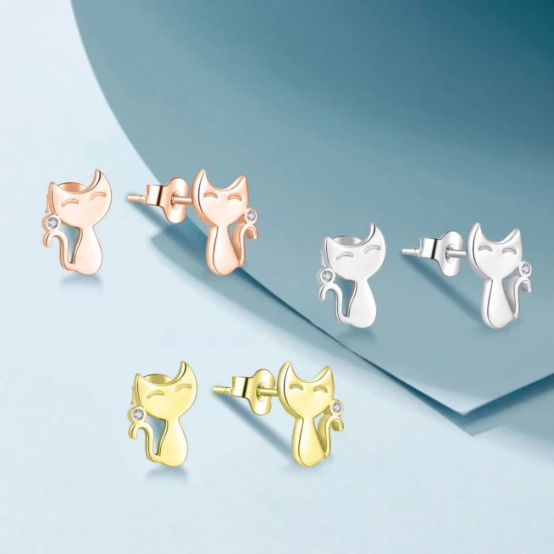 Wholesale 925 Sterling Silver Cat Stud Earrings Cute Animal Design With Cubic Zirconia Hypoallergenic Jewelry for Women Kids