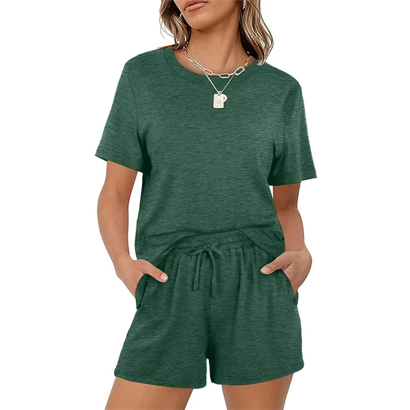 Autumn Eco-Friendly Breathable Cotton/Polyester Jogger Set Solid Casual Women's T-shirt and Shorts Set