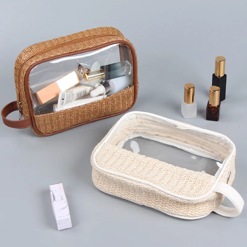 Manufacturer Fashion Toiletry Bag Straw Woven Transparent Waterproof Pvc Cosmetic Bags