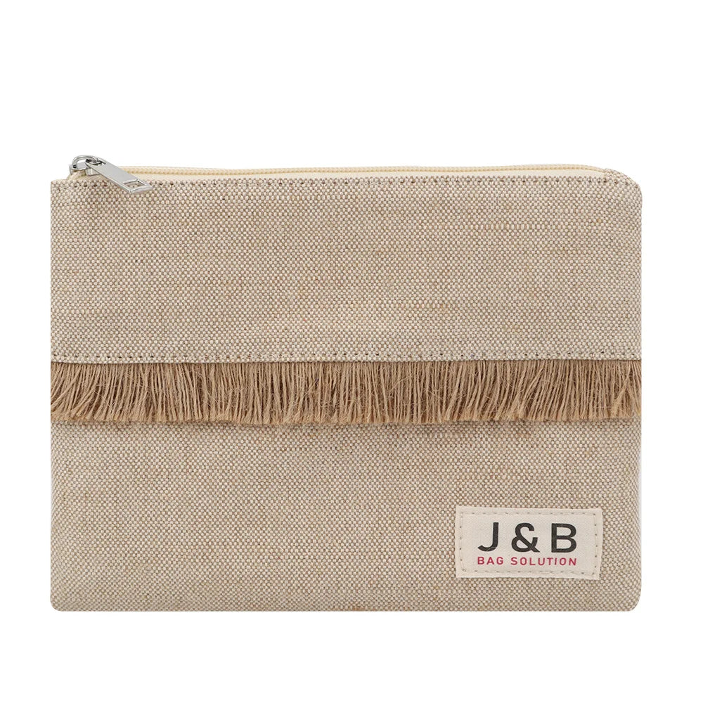 Factory Custom Cotton Jute Mixture Zipper Pouch Gift Bag with Jute Fringe Lace Natural Eco Friendly Makeup Skincare Bags