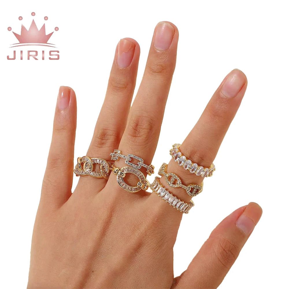 JIRIS 18k Gold Plated Cubic Zirconia Rings Adjustable Open Shiny Zircon Stone Paved Stackable Eternity Wedding Band Ring