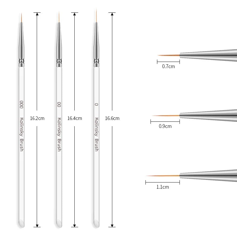 NA002 3PCS Nail Art Liner Brushes 7mm 9mm 11mm Nail Drawing Dotting UV Gel Acrylic Manicure Nails Brush Pen for Commercial Home