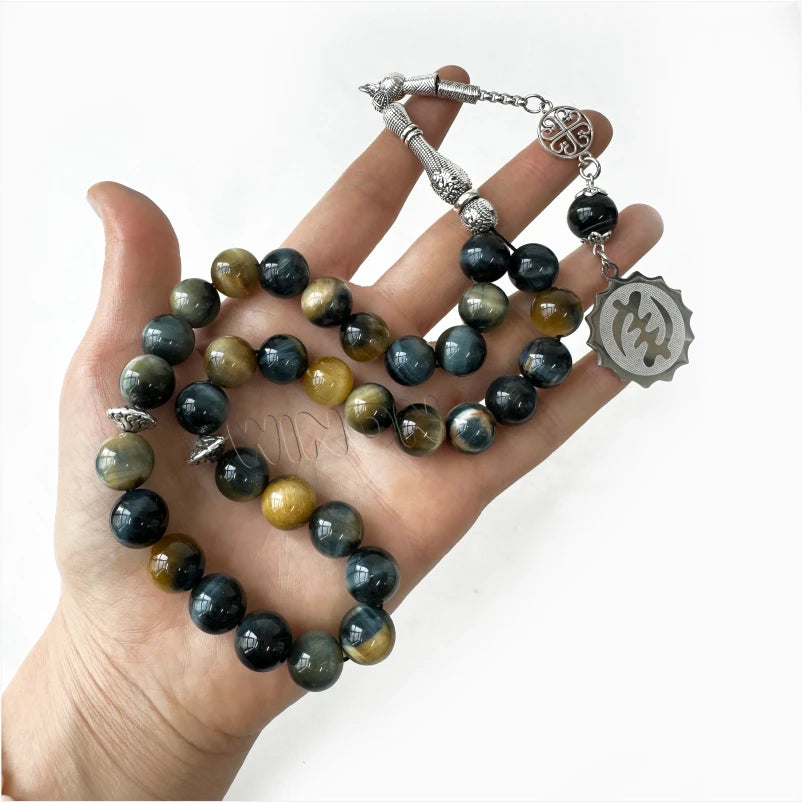 Green Natural Tiger Eye Diamond Cut 12mm 33pcs Beads With Silver Accessories Misbaha Prayer Beads Islamic Tasbih Muslim Rosaries