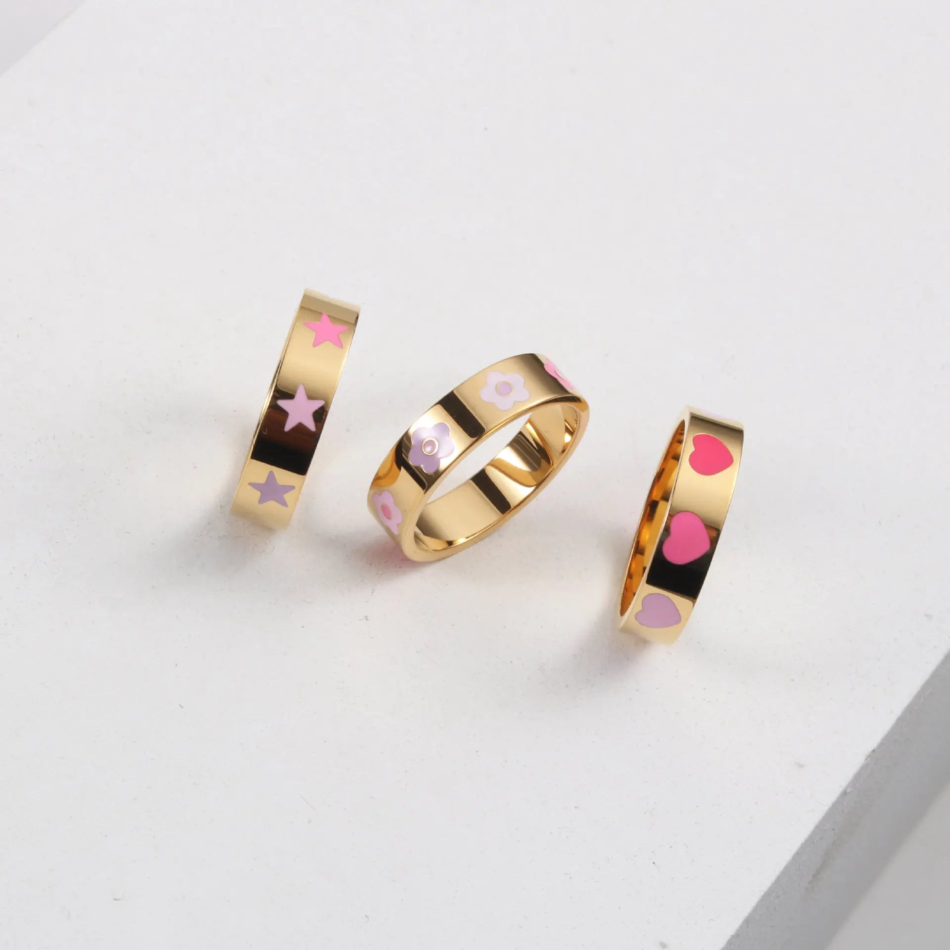 Women Stainless Steel Ring Color Colors Pink Purple Enamel Star Heart Flower Shape Stacking Rings