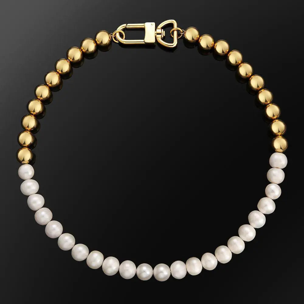 Aimgal Fashion Jewellery 316 Stainless Steel Beads 10mm Natural Freshwater Pearl 18K Gold Plated Hiphop Men's Necklace Tarnish
