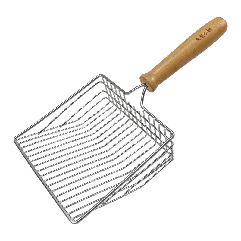 Large Wooden Handle Stainless Steel Cat Litter Scoop Deep Pet Waste Disposal Shovel with Integrated Metal