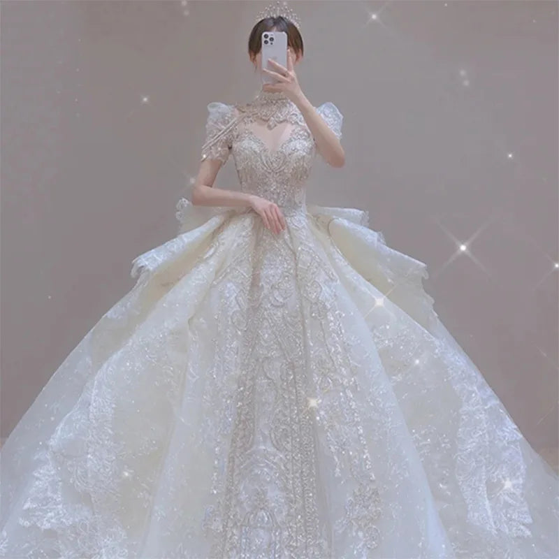 Beading Sequined Ball Gown Long Train Bride Dress Royal Wedding Dress Luxury
