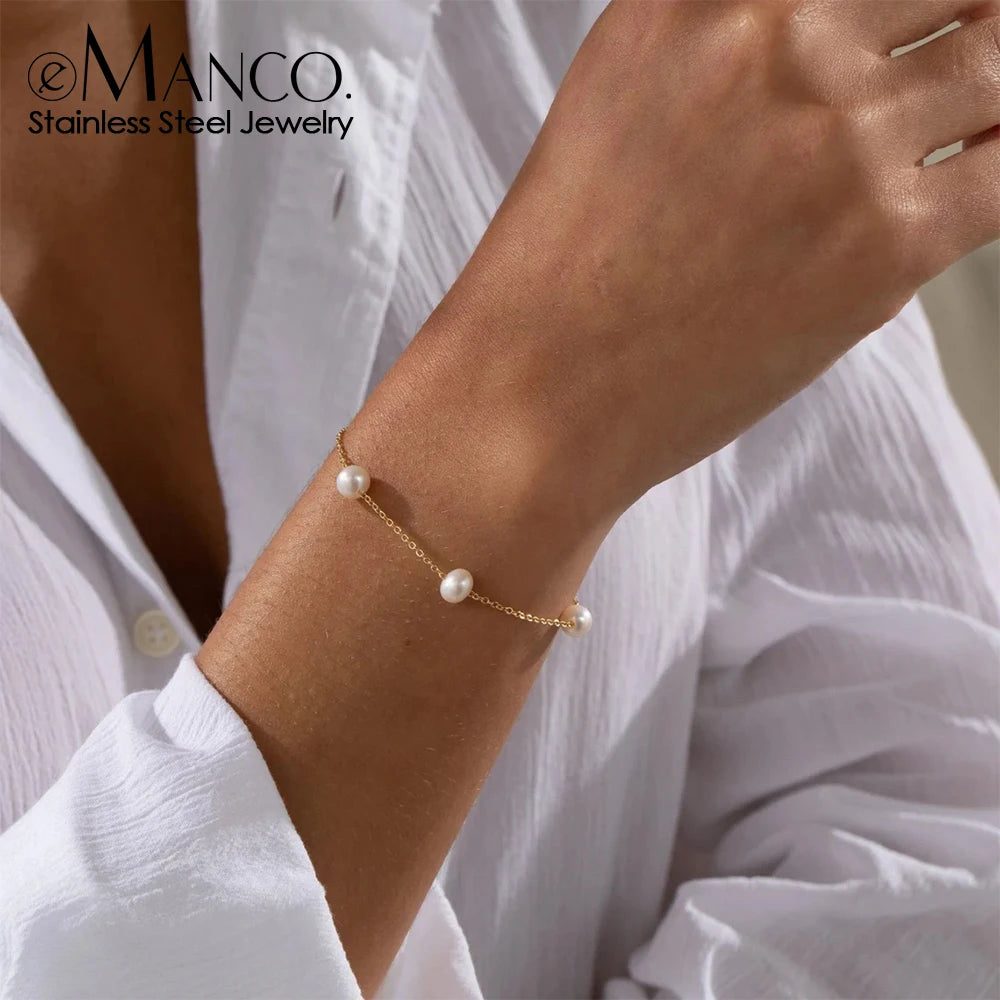 EManco New Trend Dainty Vintage Stainless Steel Chain Freshwater Pearl Bracelet Summer Jewelry Waterproof Accessories