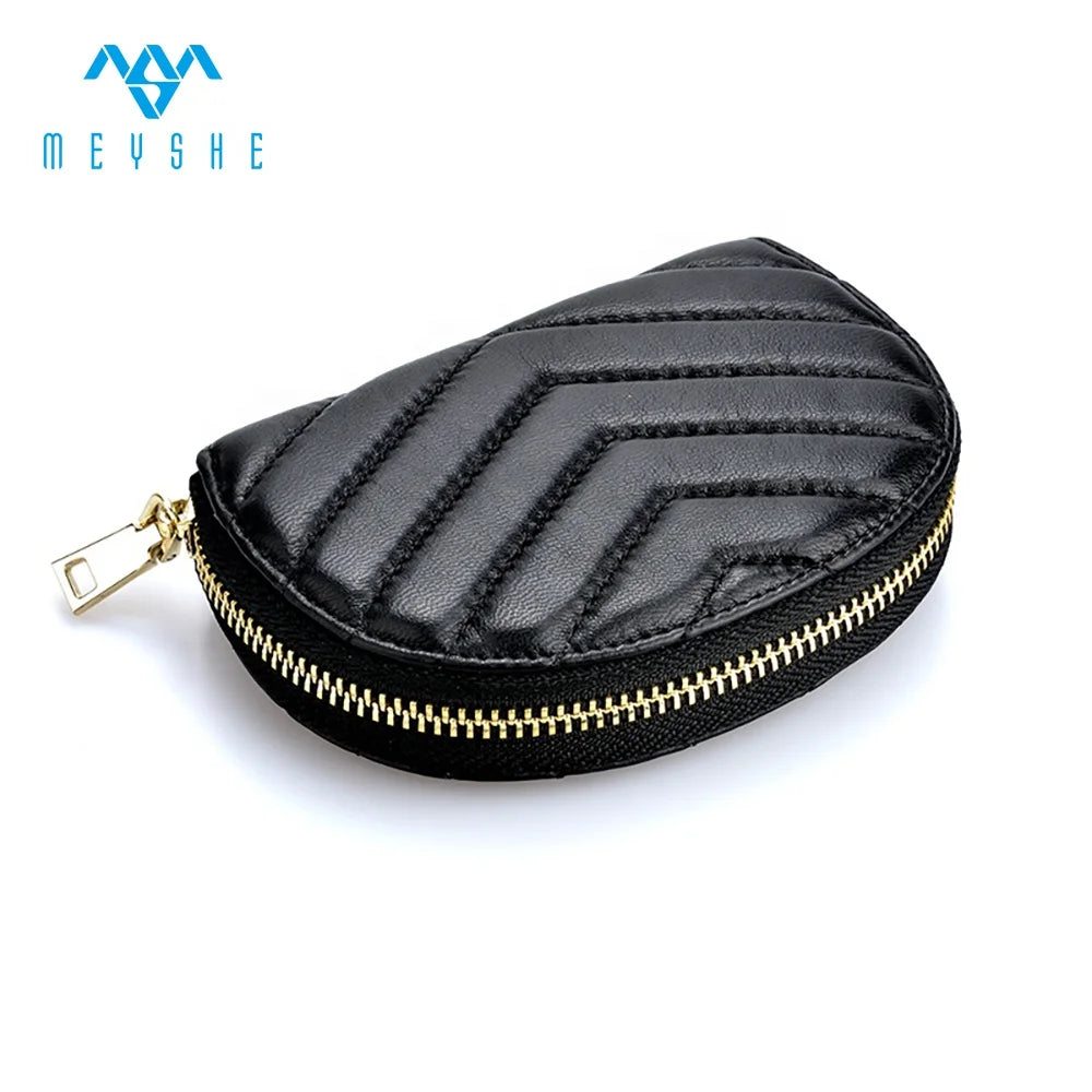 Custom Woman High Quality Black Sheepskin Luxury Zipper Round Credit Cards Holder With Coin Purse Wallets