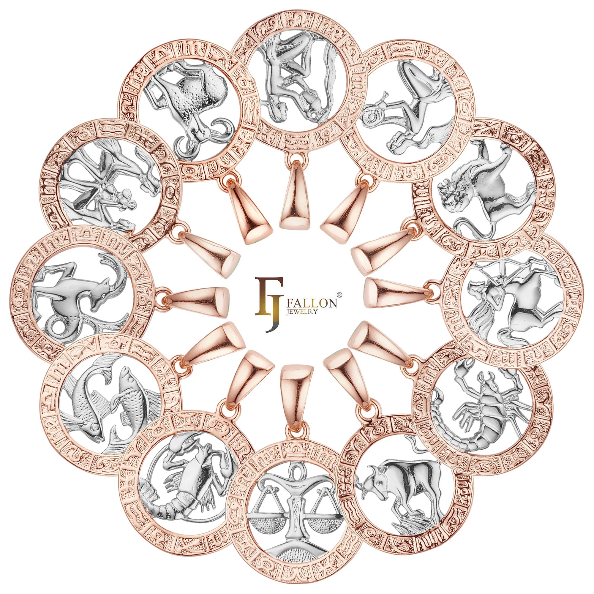 FJ Fallon Fashion Jewelry Pendant Zodiac Circle of Zodiac Plated in Rose Gold Two Tone Bicolor Brass Based