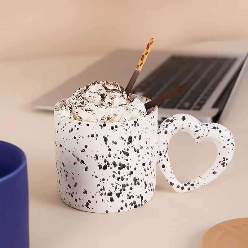 Creative Ceramic Cup Splash Ink Mug Milk Breakfast Coffee Cups with Heart Handle