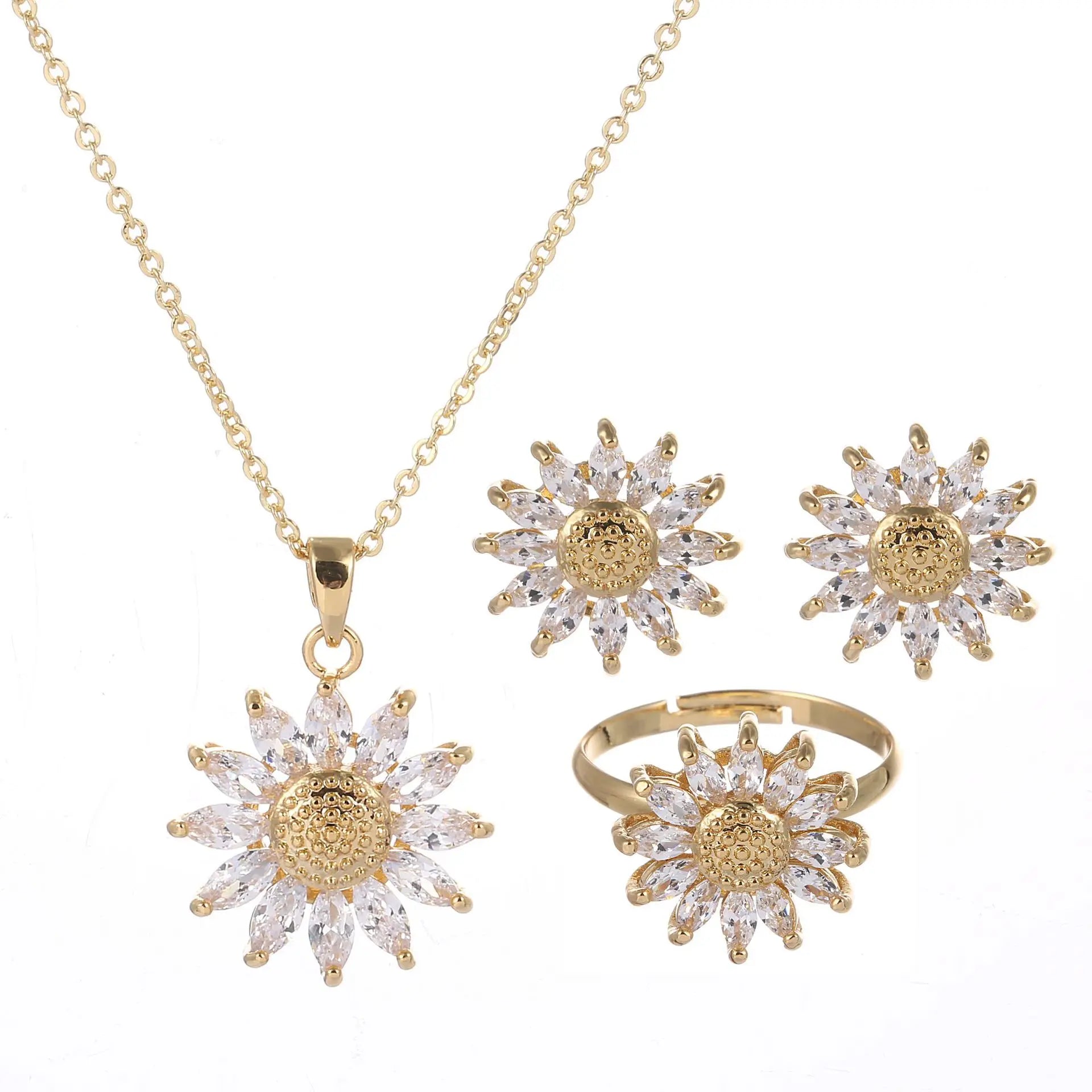 2022 Cubic Zirconia Sunflower Necklace Earrings Ring Real Gold Plated Crystal Cz Daisy Jewelry Set For Women