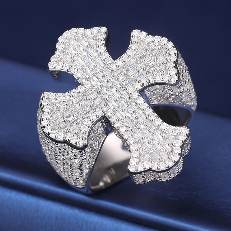 Wholesale High Quality Micro VVS Baguette Moissanite Cross Ring White Gold 925 Sterling Silver Hip Hop Rappers Jewelry for Men