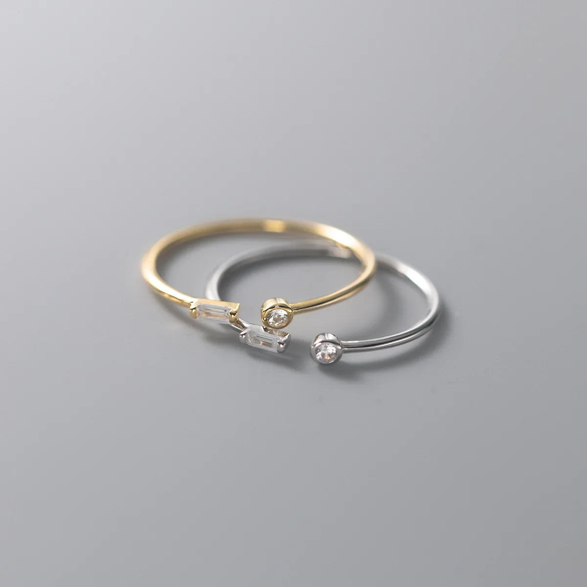 INS 925 Silver Fashion Jewelry Rings square and Round Diamond Zircon Gold Plated Thin Open Rings for Women