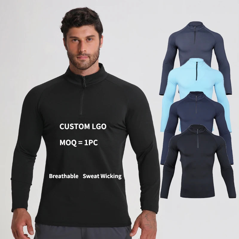Manufacture Men Long Sleeves 1/4 Zip Sports Shirts Gymwear Polyester Fitness Quater Zip up Shirts for Men