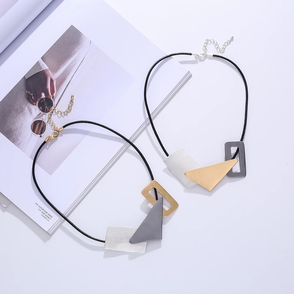 TongLing Black Thin PU Leather Rope Strand String Necklace Triangle Silver Grey square Charm Women Choker Necklace
