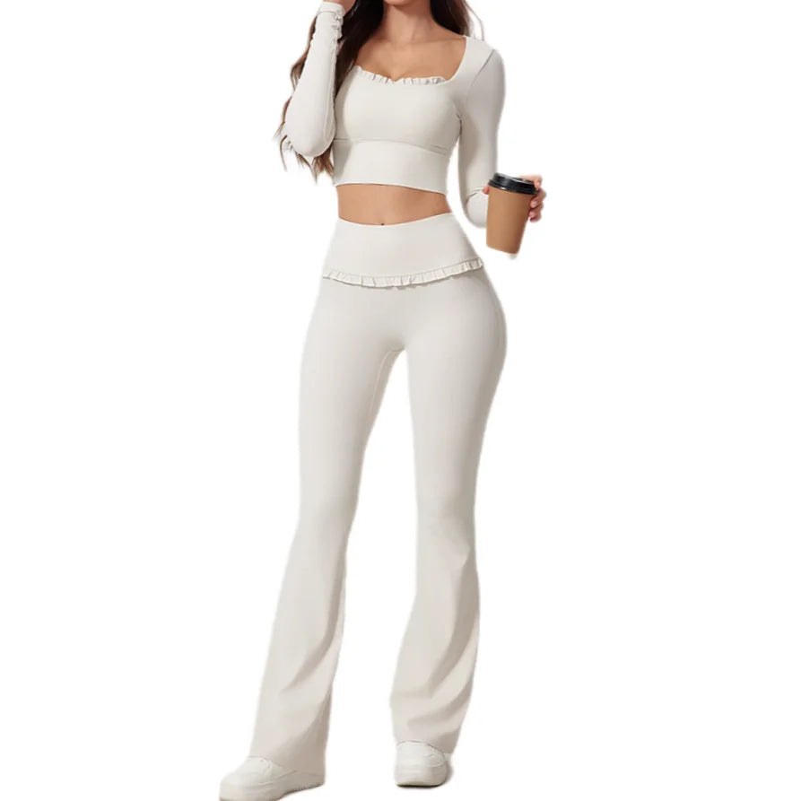 Solid Color Long Sleeve Top and High Waist Flared Track Pants Yoga Gym Fitness Sports Wear Quick Dry and Breathable Recyclable