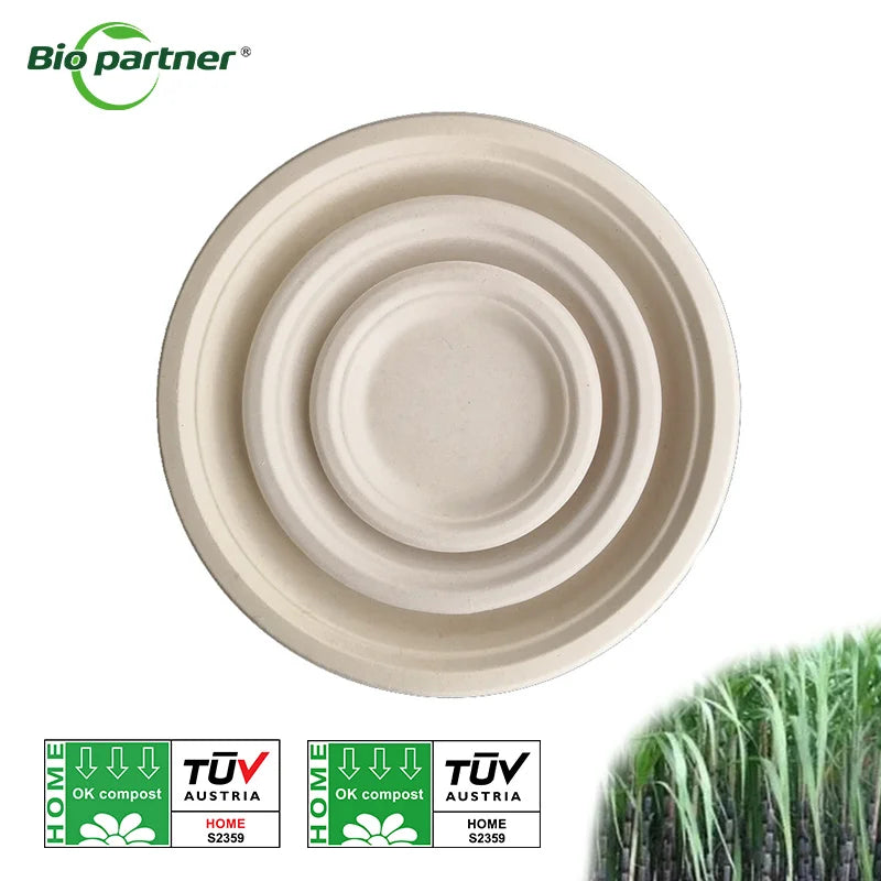 Biodegradable Compostable Disposable Restaurant Sugarcane Bagasse Plates Customized Size Round Meal Trays Reusable Camping