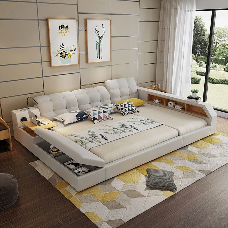 Tech Smart Bed Bluetooth Audio Lamp Storage Genuine Leather Parent-child Multifunctional Upholstered Soft Bed Wooden Oak Modern