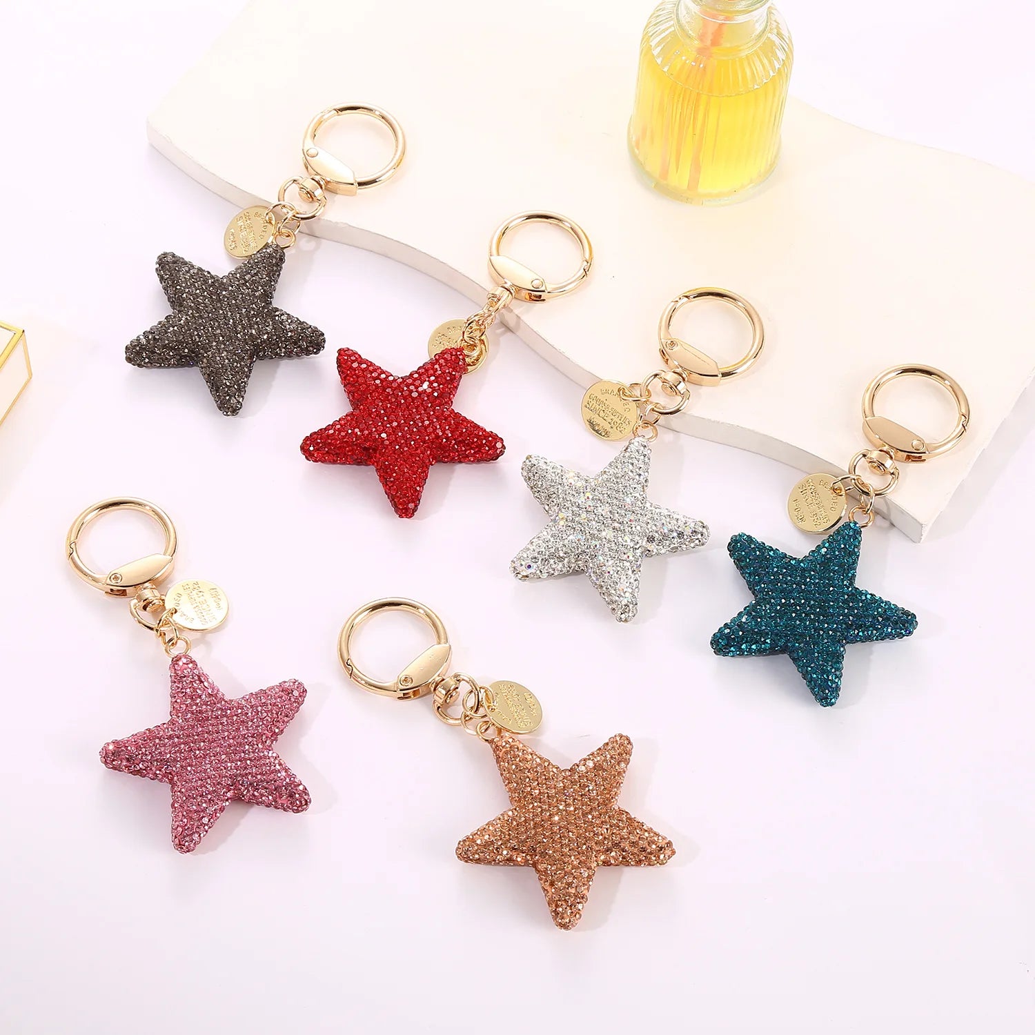 New Arrival Full Diamond Rhinestone Car Keychain Personality Five Star Pendant Metal Schoolbag Car Keychain