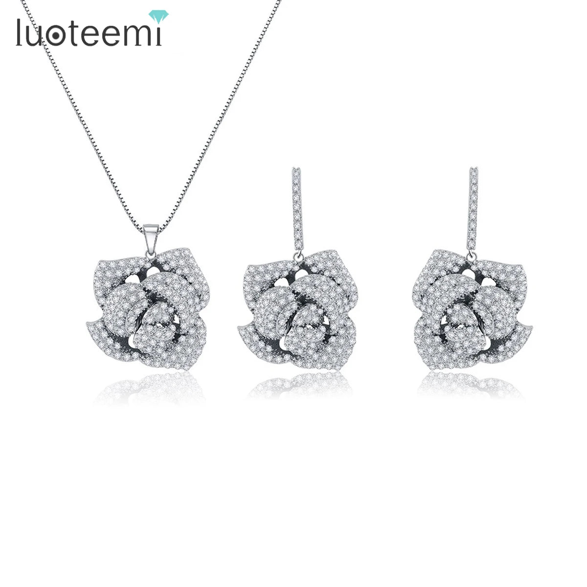 LUOTEEMI Rose Flower Women Cubic Zirconia Tiny CZ Paved Jewelry Sets Factory Wholesale Fashion Jewelry