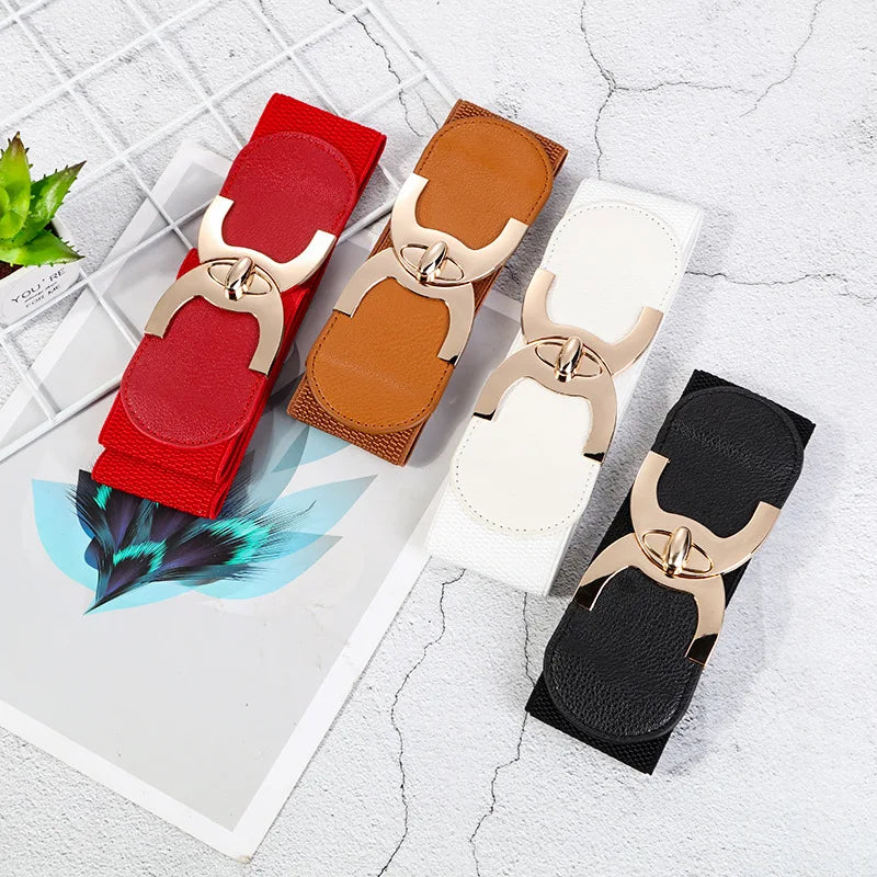 Ladies Gold Metal Buckle Belt Stretchable Belt Red Elastic Fabric for Dresses Belt